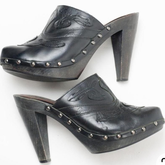 Diesel Shoes - Diesel Black Leather Heeled Studded Clog